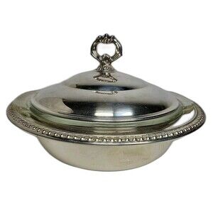 Vintage Silver Plated Sheridan Serving Dish with Lid and Anchor Hocking Insert